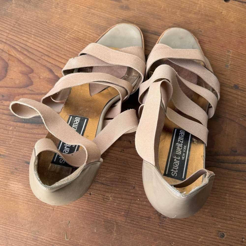 Stuart Weitzman // Tan Elastic Strappy Stacked He… - image 5